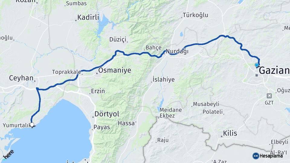 Gaziantep Yumurtalık Adana Arası Kaç Km - Yol Haritası