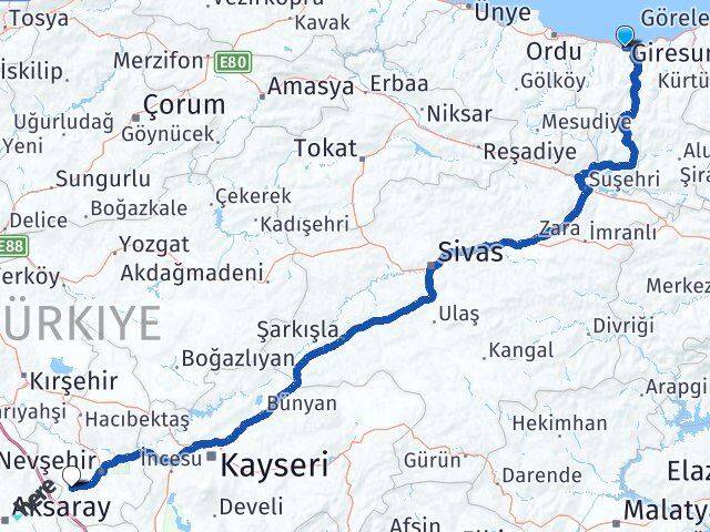 Giresun Acıgöl Nevşehir Arası Kaç Km - Yol Haritası