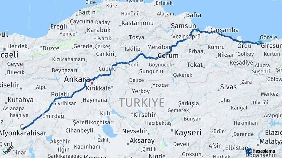 Giresun Afyonkarahisar Arası Kaç Km - Yol Haritası