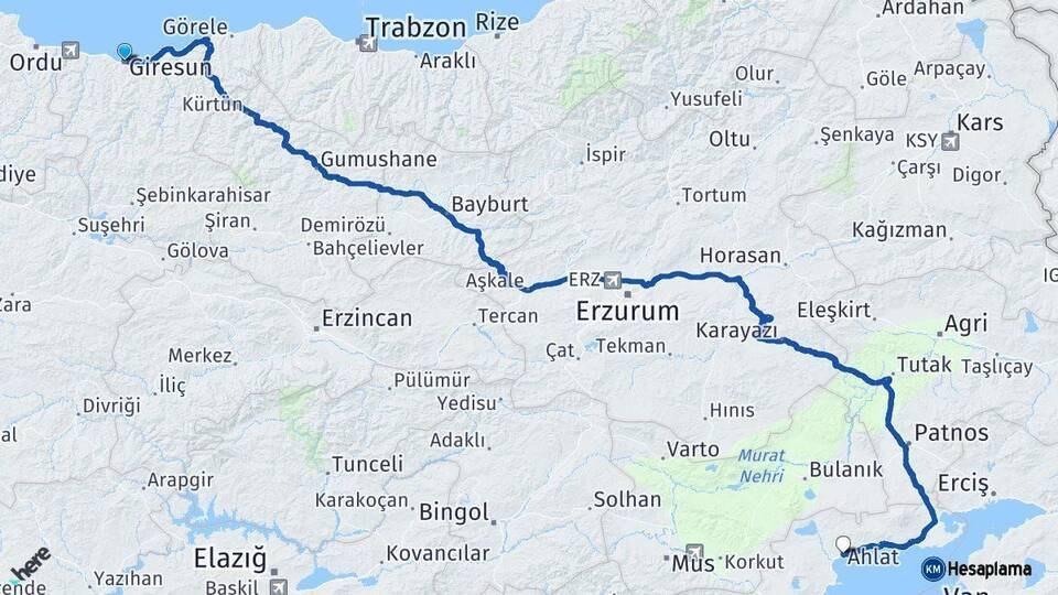 Giresun Ahlat Bitlis Arası Kaç Km - Yol Haritası