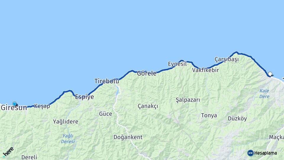 Giresun Akçaabat Trabzon Arası Kaç Km - Yol Haritası