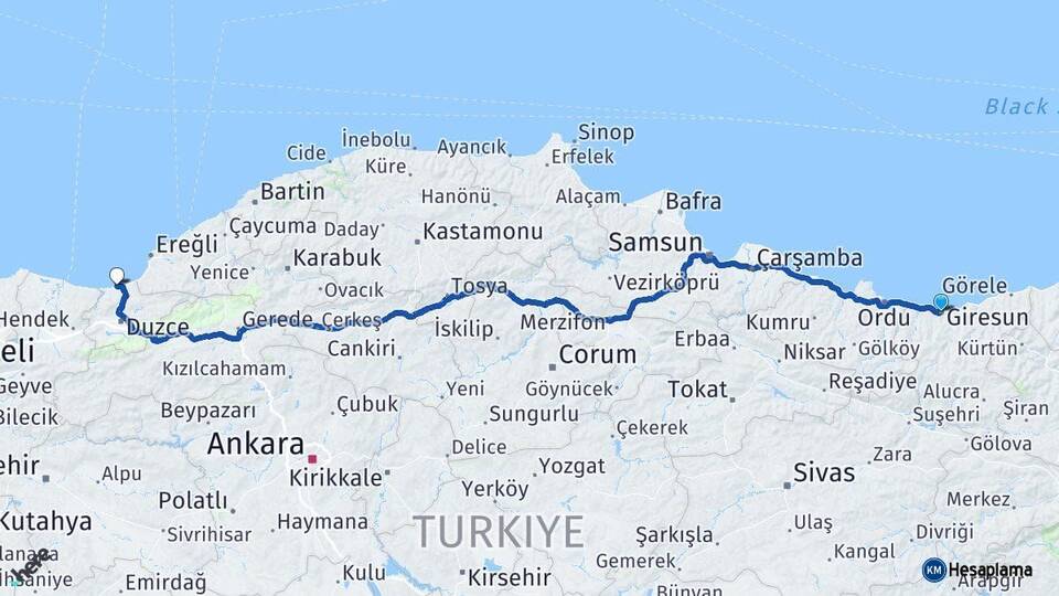 Giresun Akçakoca Düzce Arası Kaç Km - Yol Haritası