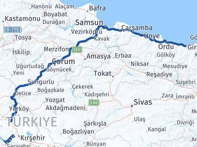 Giresun Akpınar Kırşehir Arası Kaç Km - Yol Haritası