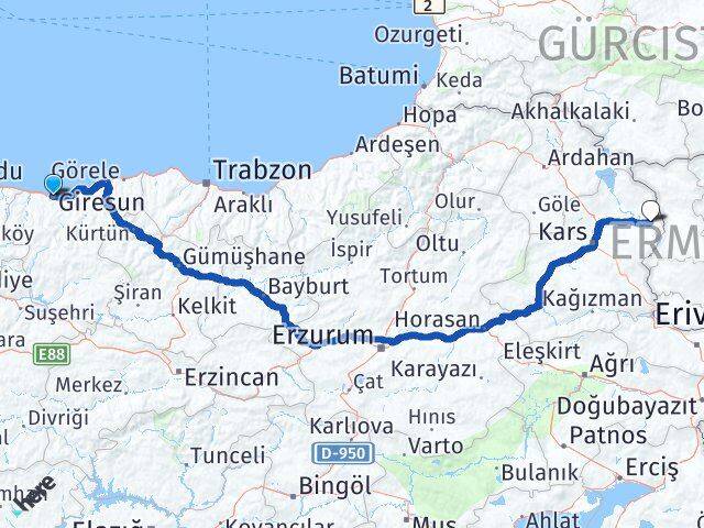 Giresun Akyaka Kars Arası Kaç Km - Yol Haritası
