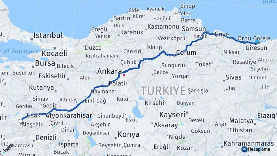 Giresun Alaşehir Manisa Arası Kaç Km - Yol Haritası