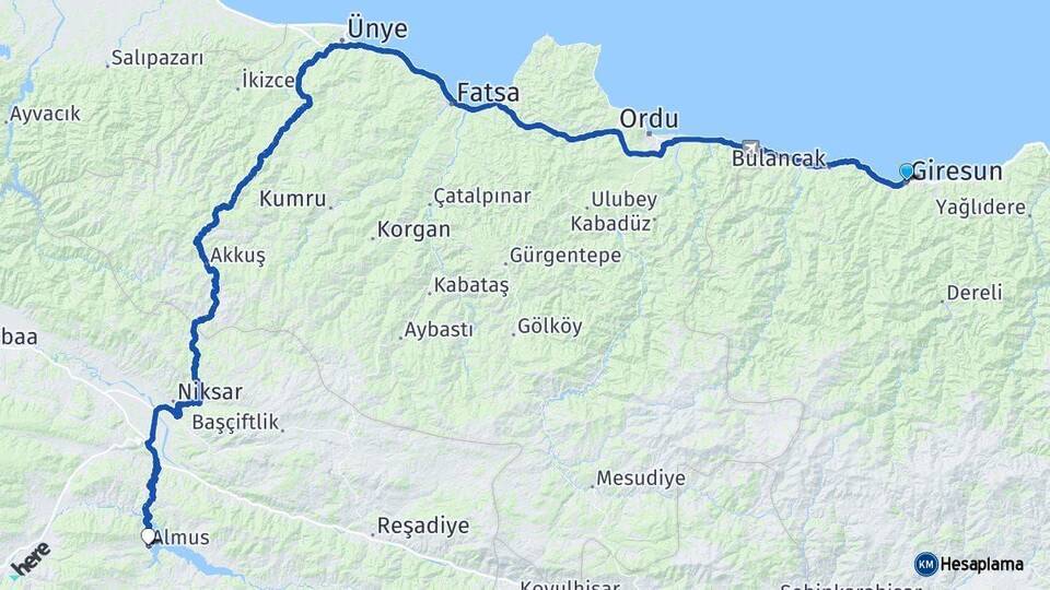 Giresun Almus Arası Kaç Km - Yol Tarifi