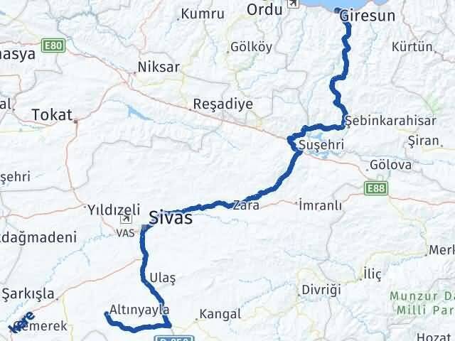 Giresun Altınyayla Sivas Arası Kaç Km - Yol Haritası
