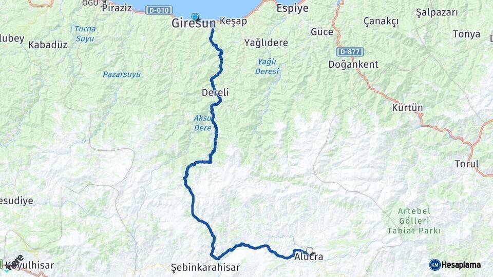 Giresun Alucra Arası Kaç Km - Yol Haritası