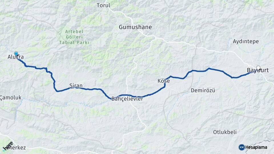 Giresun Alucra Bayburt Arası Kaç Km - Yol Haritası