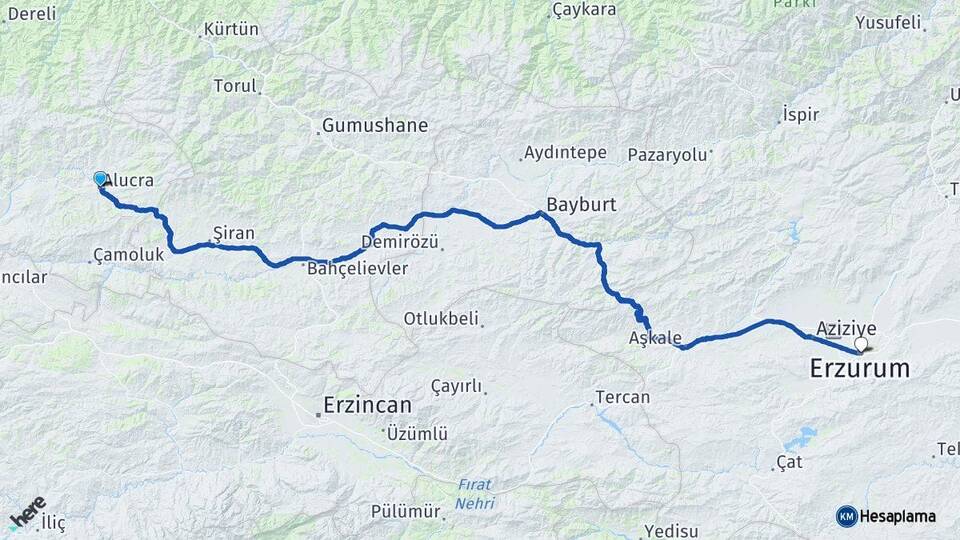 Giresun Alucra Erzurum Arası Kaç Km - Yol Haritası