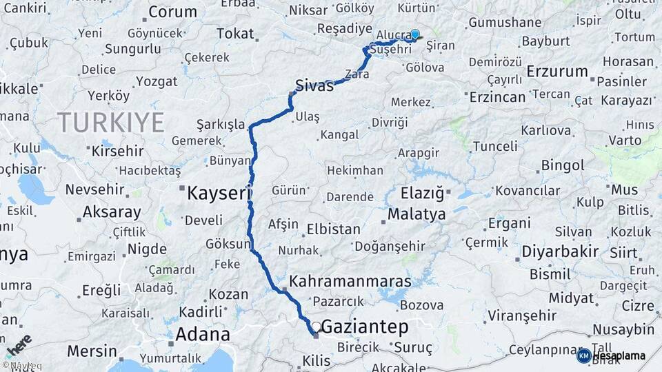 Giresun Alucra Gaziantep Arası Kaç Km - Yol Haritası
