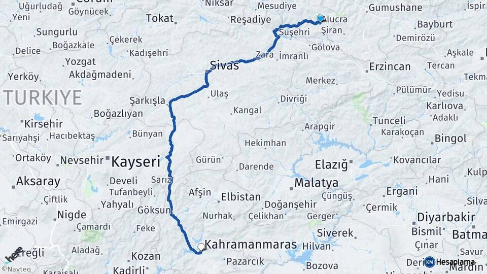 Giresun Alucra Kahramanmaraş Arası Kaç Km - Yol Haritası