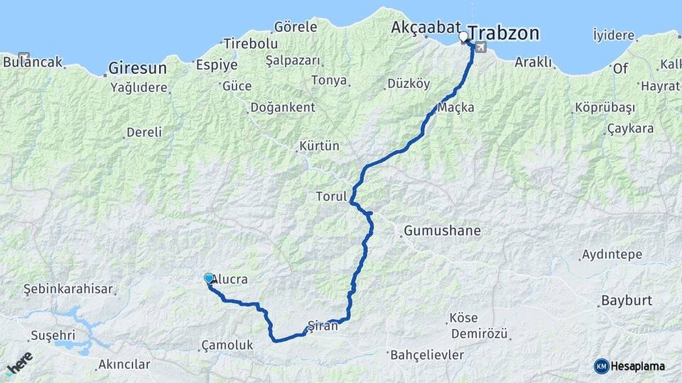 Giresun Alucra Trabzon Arası Kaç Km - Yol Haritası