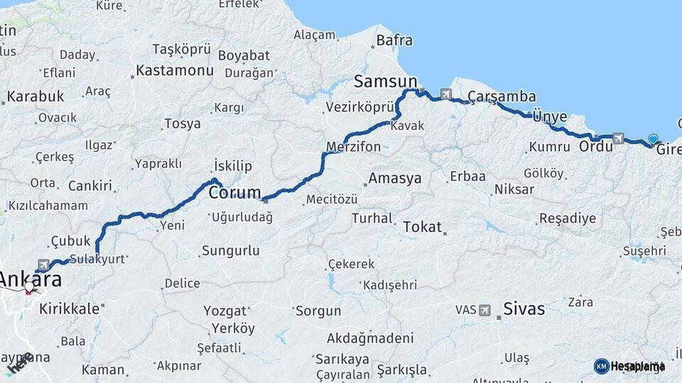 Giresun Ankara Arası Kaç Km - Yol Haritası
