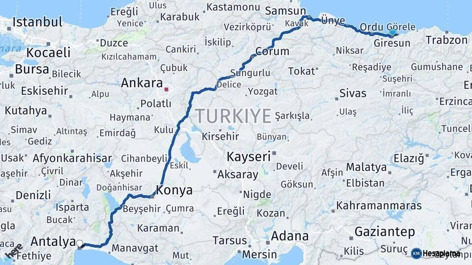 Giresun Antalya Arası Kaç Km - Yol Haritası