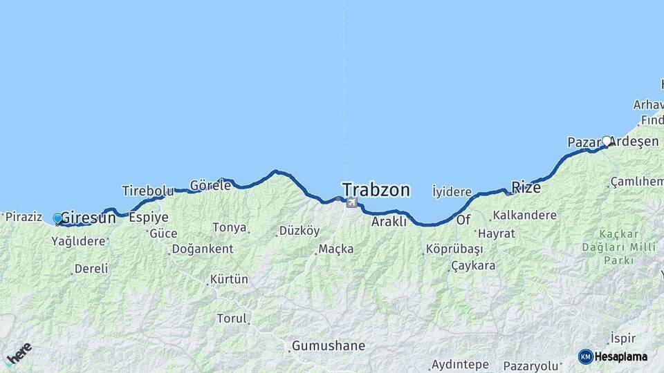 Giresun Ardeşen Rize Arası Kaç Km - Yol Haritası