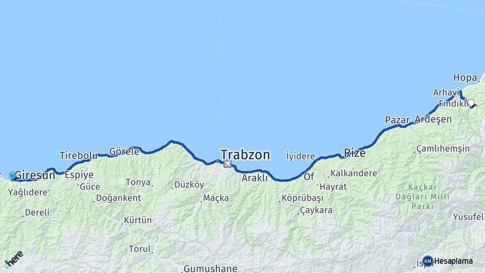 Giresun Arılı Arhavi Artvin Arası Kaç Km - Yol Haritası