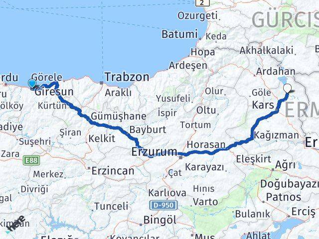 Giresun Arpaçay Kars Arası Kaç Km - Yol Haritası