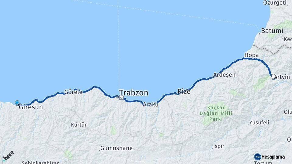 Giresun Artvin Arası Kaç Km - Yol Haritası