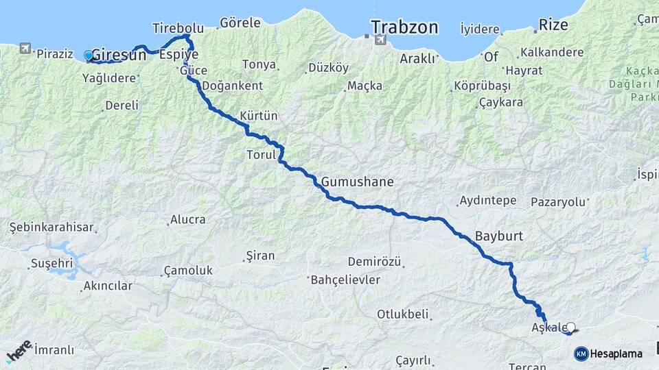 Giresun Aşkale Erzurum Arası Kaç Km - Yol Haritası
