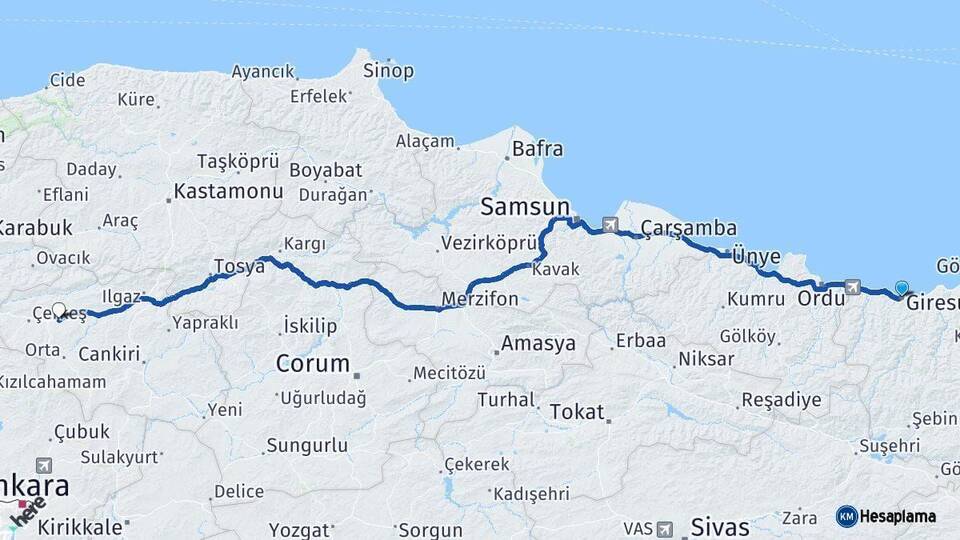 Giresun Atkaracalar Çankırı Arası Kaç Km - Yol Haritası
