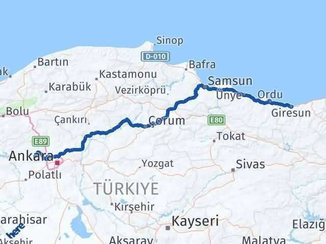 Giresun Ayaş Ankara Arası Kaç Km - Yol Haritası