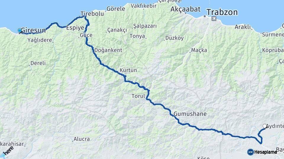 Giresun Aydıntepe Bayburt Arası Kaç Km - Yol Haritası