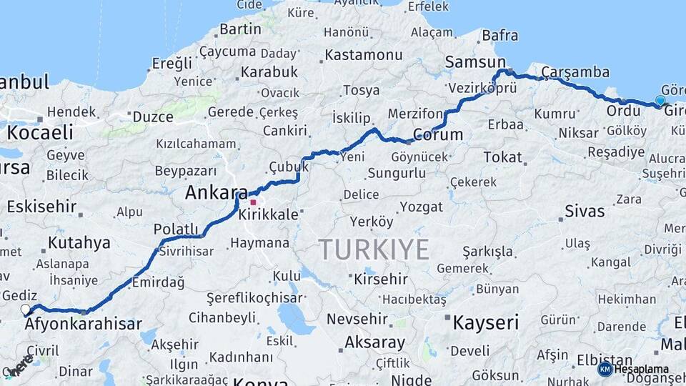 Giresun Banaz Uşak Arası Kaç Km - Yol Haritası