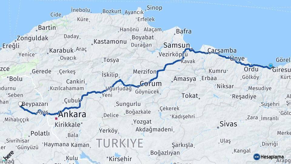 Giresun Beypazarı Ankara Arası Kaç Km - Yol Haritası