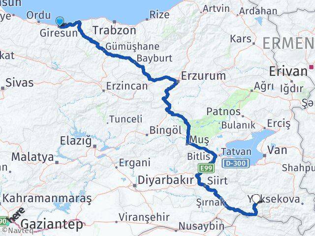 Giresun Beytüşşebap Şırnak Arası Kaç Km - Yol Haritası