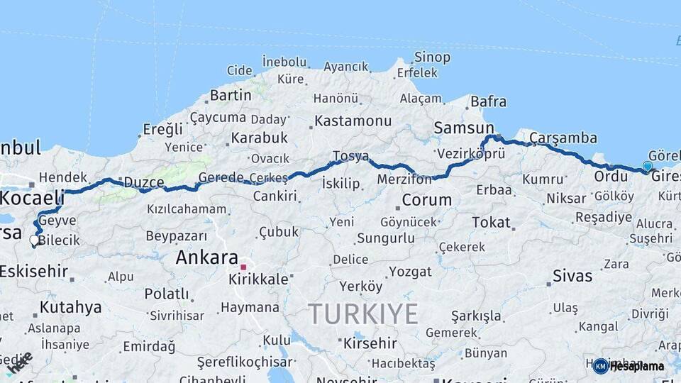 Giresun Bilecik Arası Kaç Km - Yol Haritası