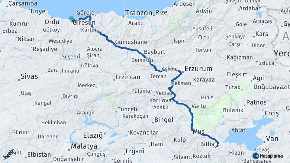 Giresun Bitlis Arası Kaç Km - Yol Haritası
