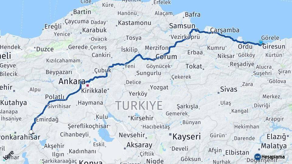 Giresun Bolvadin Afyonkarahisar Arası Kaç Km - Yol Haritası
