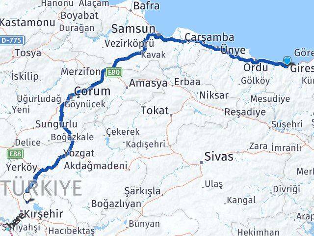 Giresun Boztepe Kırşehir Arası Kaç Km - Yol Haritası