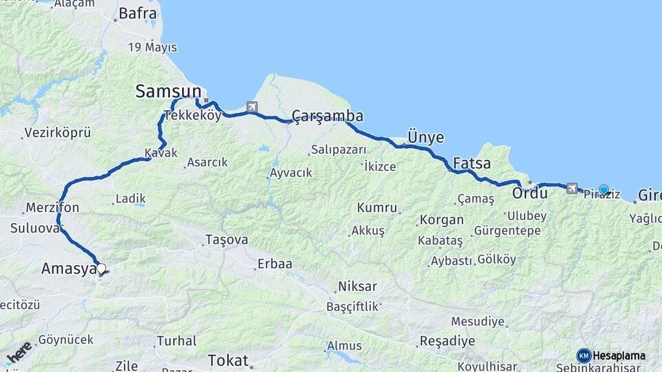 Giresun Bulancak Amasya Arası Kaç Km - Yol Haritası