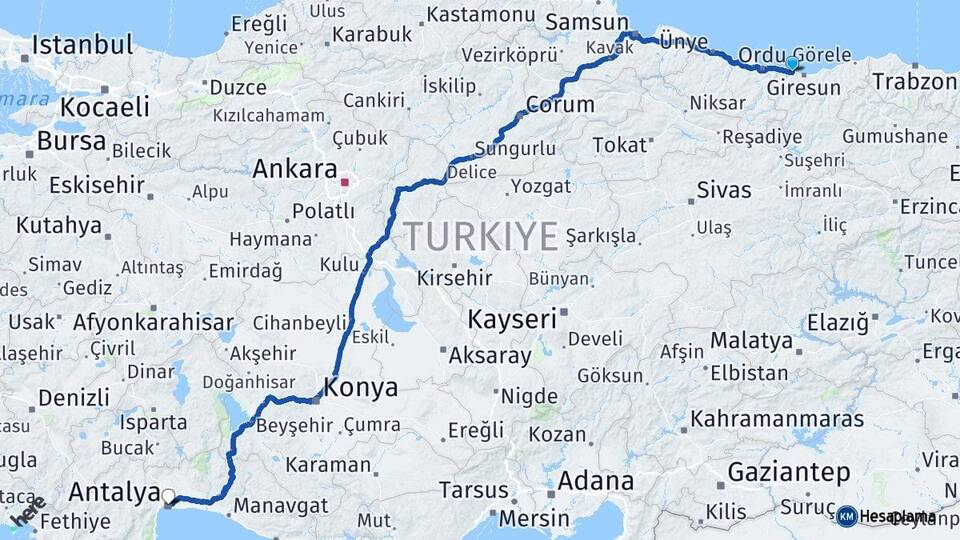 Giresun Bulancak Antalya Arası Kaç Km - Yol Haritası
