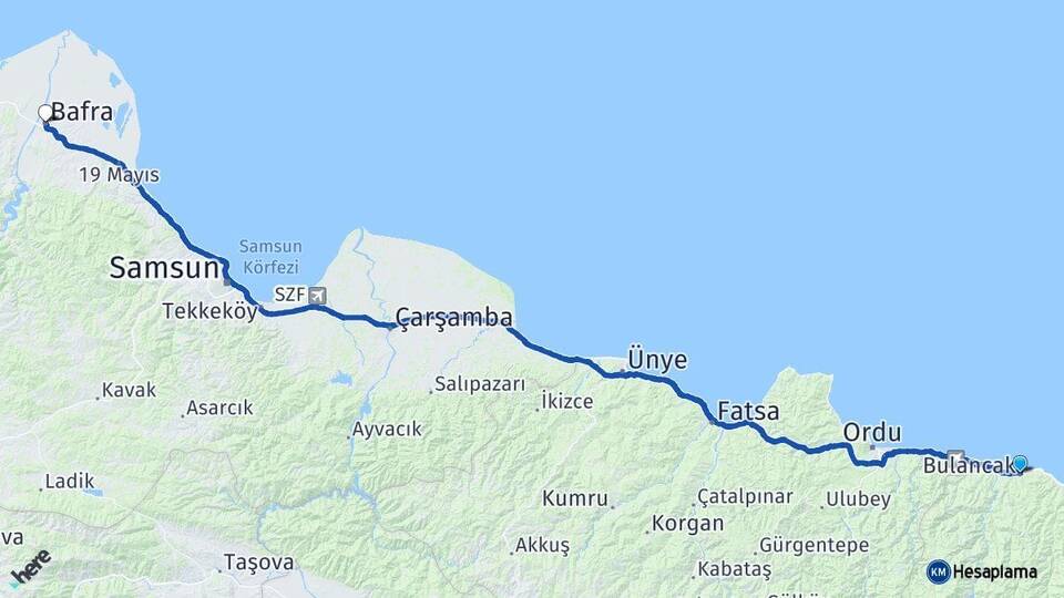 Giresun Bulancak Bafra Samsun Arası Kaç Km - Yol Haritası