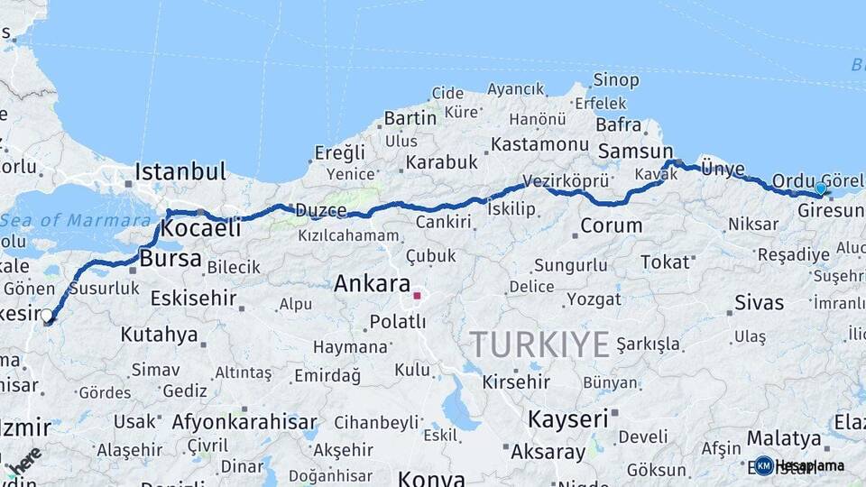 Giresun Bulancak Balıkesir Arası Kaç Km - Yol Haritası