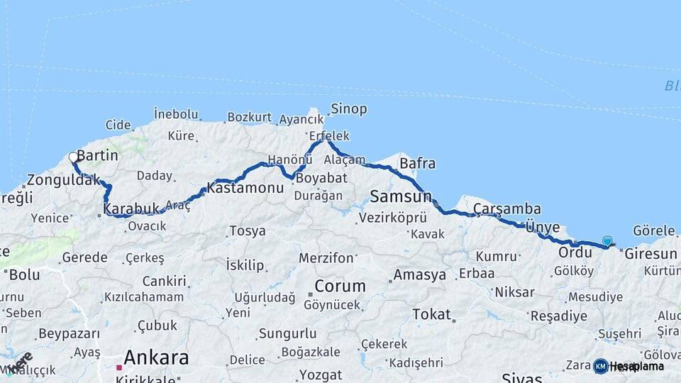 Giresun Bulancak Bartın Arası Kaç Km - Yol Haritası