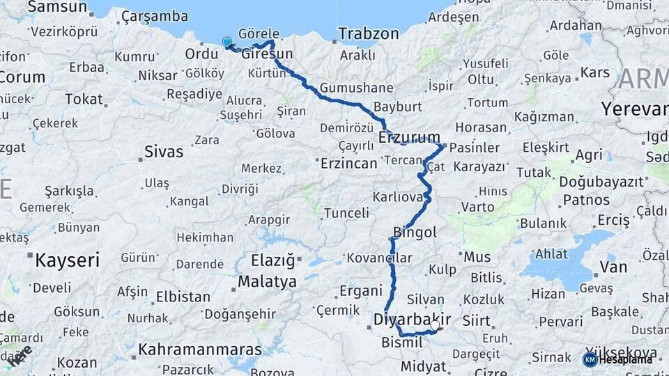 Giresun Bulancak Batman Arası Kaç Km - Yol Haritası