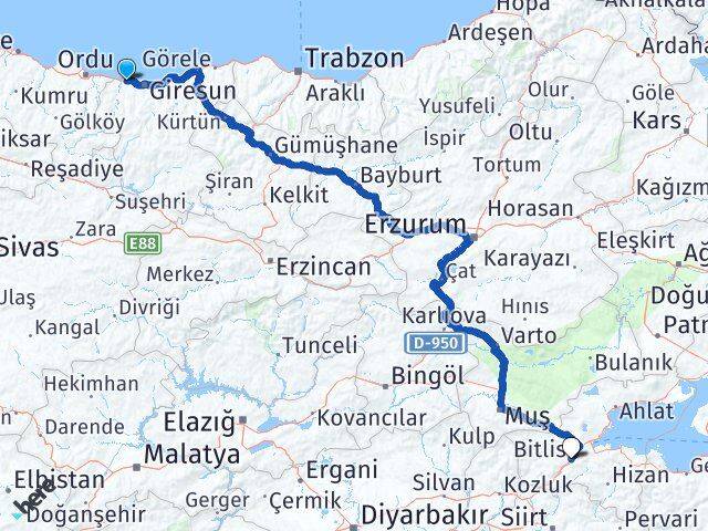 Giresun Bulancak Bitlis Arası Kaç Km - Yol Haritası