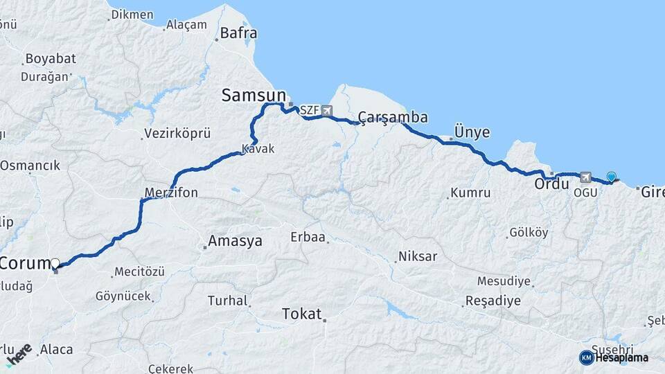 Giresun Bulancak Çorum Arası Kaç Km - Yol Haritası