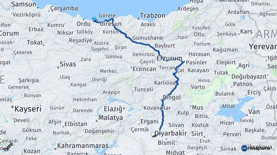 Giresun Bulancak Diyarbakır Arası Kaç Km - Yol Haritası