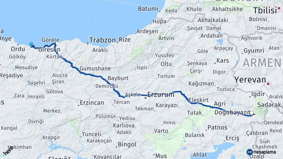 Giresun Bulancak Doğubayazıt Ağrı Arası Kaç Km - Yol Haritası