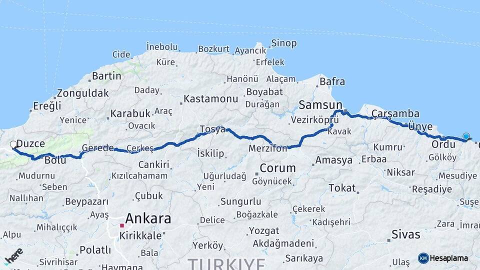 Giresun Bulancak Düzce Arası Kaç Km - Yol Haritası