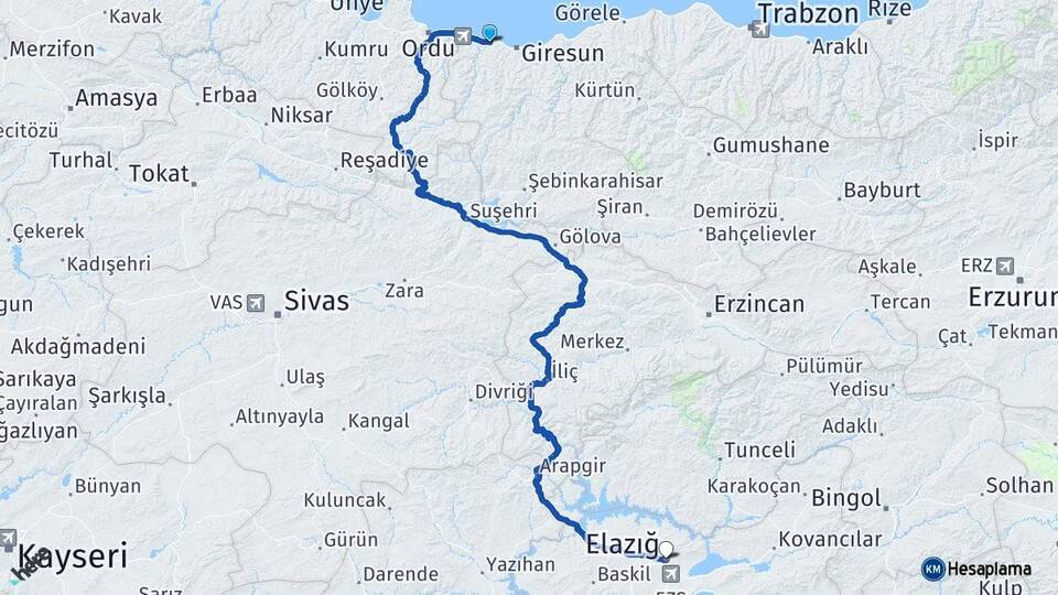 Giresun Bulancak Elazığ Arası Kaç Km - Yol Haritası