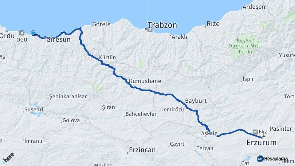 Giresun Bulancak Erzurum Arası Kaç Km - Yol Haritası