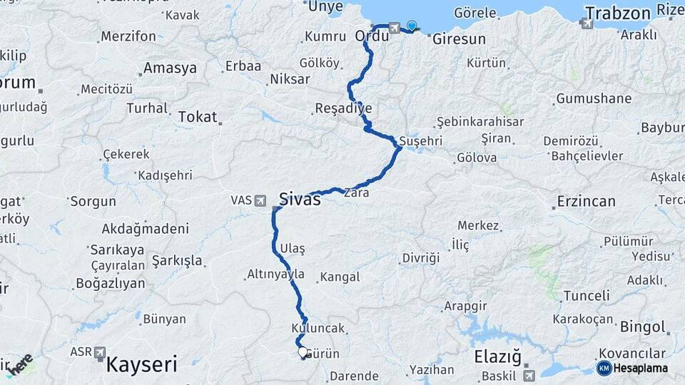 Giresun Bulancak Gürün Sivas Arası Kaç Km - Yol Haritası
