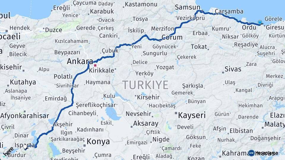 Giresun Bulancak Isparta Arası Kaç Km - Yol Haritası