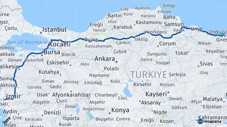 Giresun Bulancak İzmir Arası Kaç Km - Yol Haritası